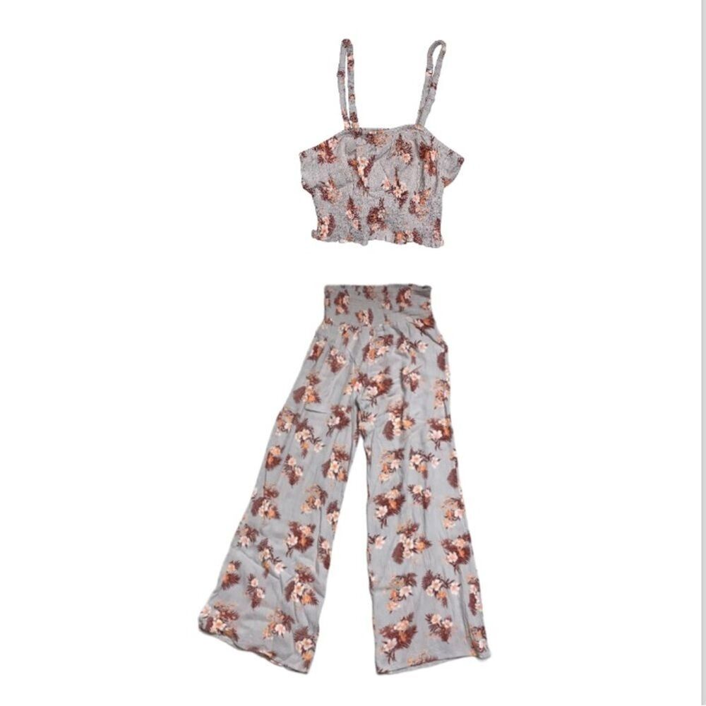 PINK ROSE Floral Crinkle Crop Top Pant Set Outfit Pull-On Elastic Waist Wide Leg